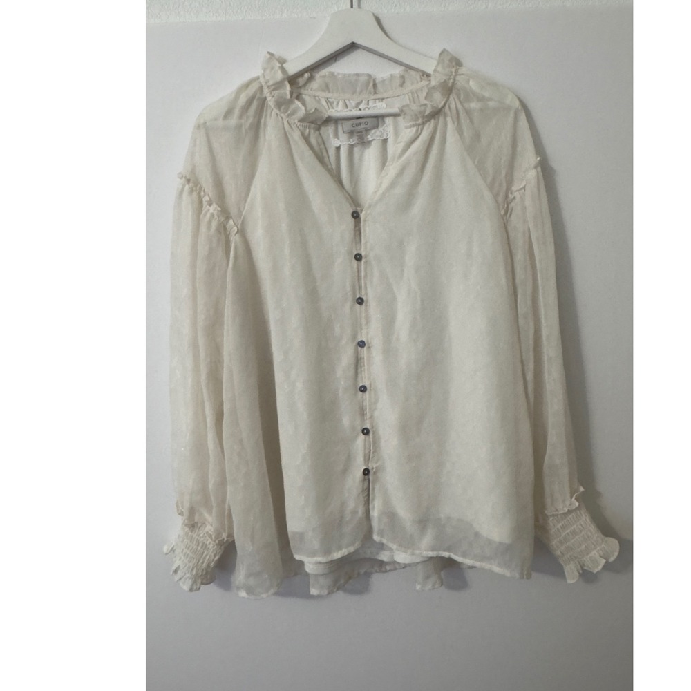 Cupio Blouse Womens L White Ruffle Neck Smocked Cuff Metallic Top Romantic Boho‎